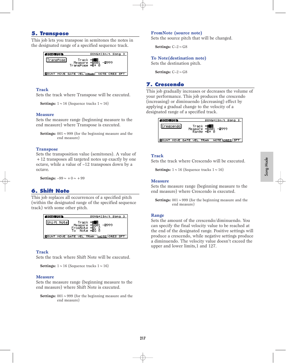 Transpose, Shift note, Crescendo | Yamaha EX5R User Manual | Page 217 / 304