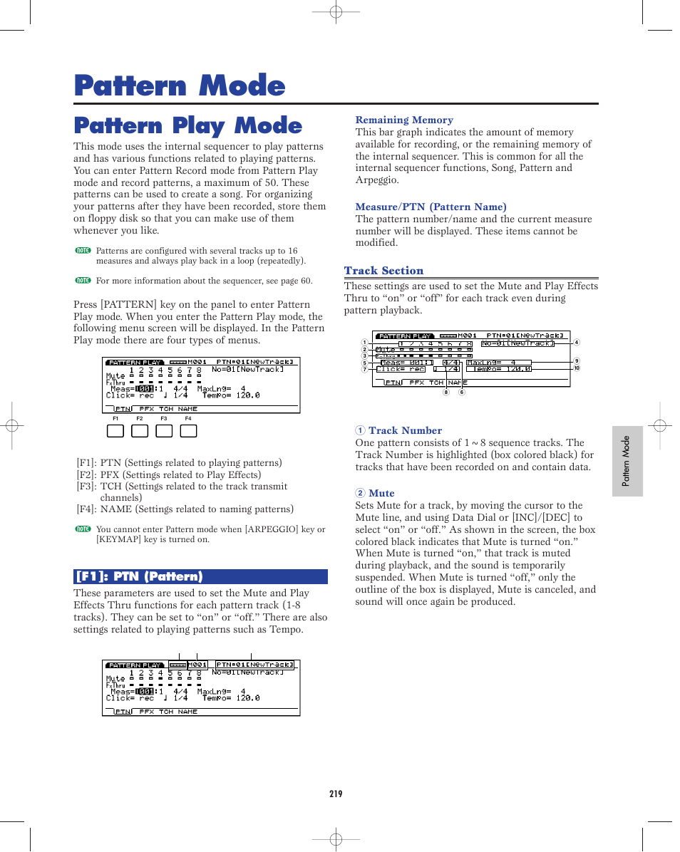Pattern mode, Pattern play mode | Yamaha EX5R User Manual | Page 219 / 304