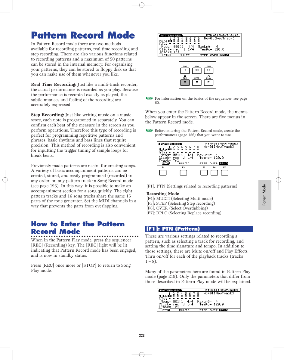 Pattern record mode, How to enter the pattern record mode, F1]: ptn (pattern) | Yamaha EX5R User Manual | Page 223 / 304