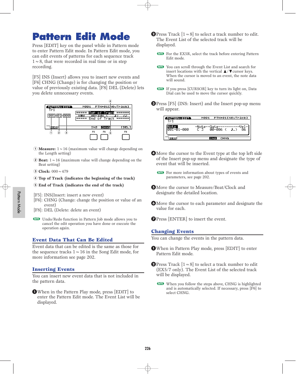 Pattern edit mode | Yamaha EX5R User Manual | Page 226 / 304