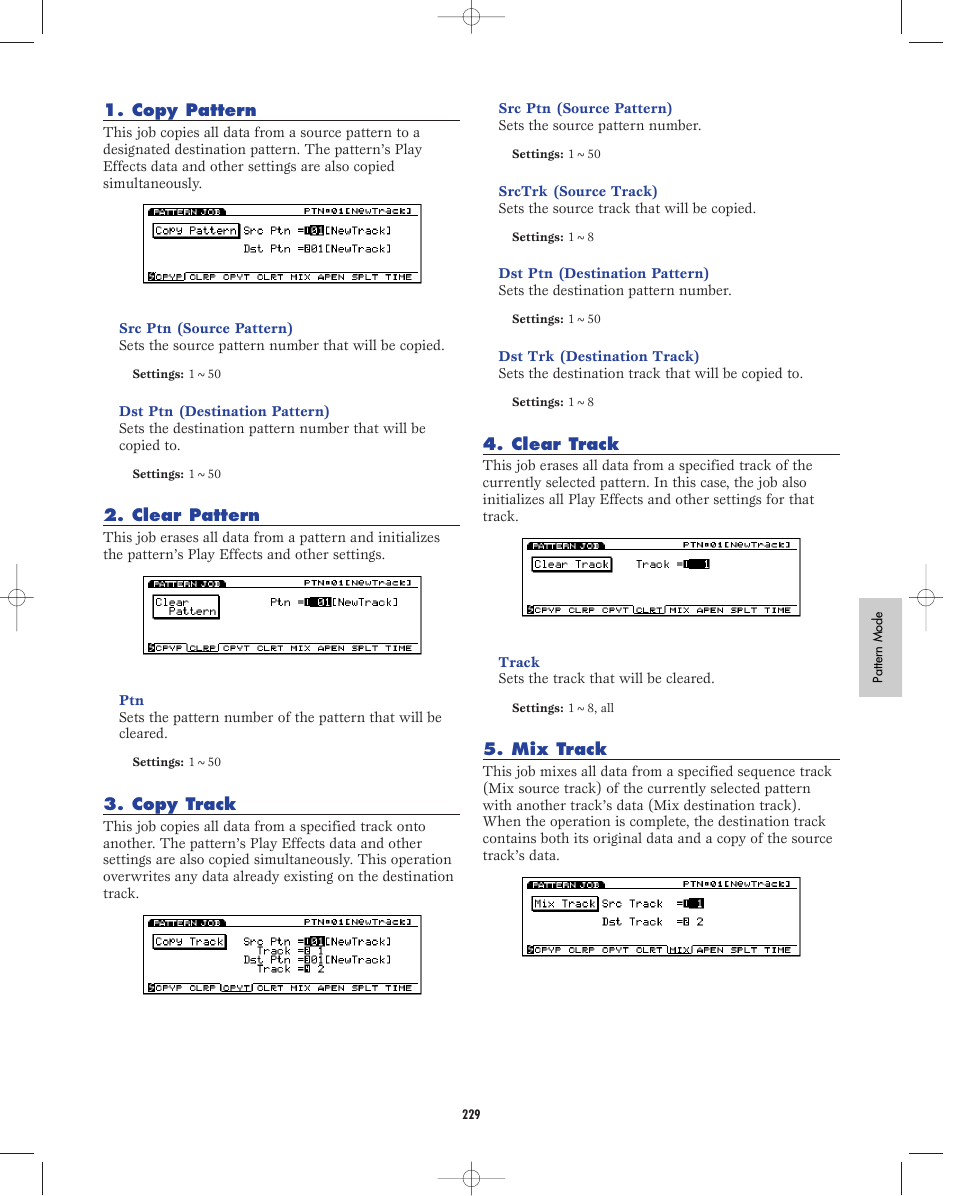 Copy pattern, Clear pattern, Copy track | Clear track, Mix track | Yamaha EX5R User Manual | Page 229 / 304