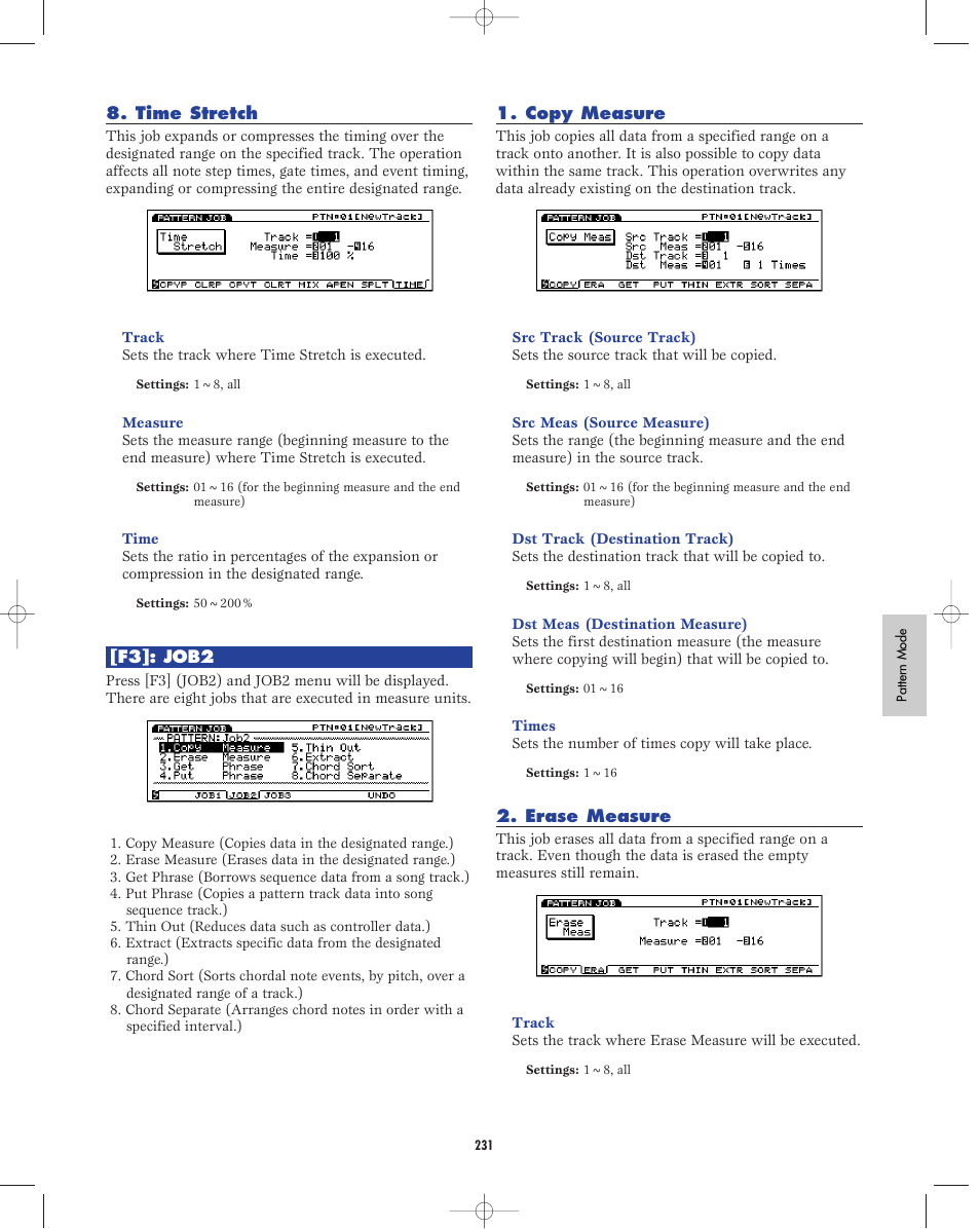 Time stretch, F3:job2, Copy measure | Erase measure | Yamaha EX5R User Manual | Page 231 / 304