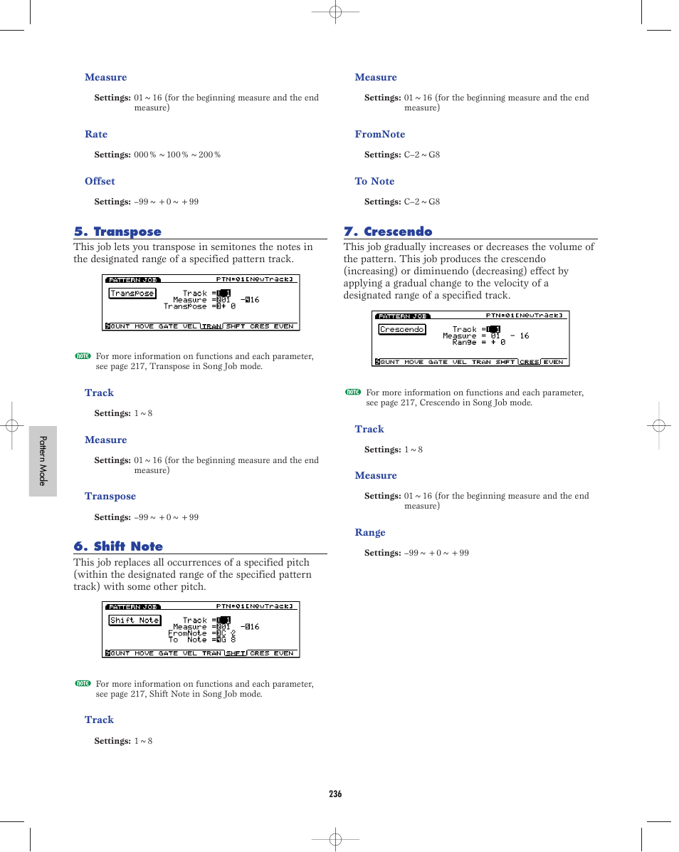 Transpose, Shift note, Crescendo | Yamaha EX5R User Manual | Page 236 / 304