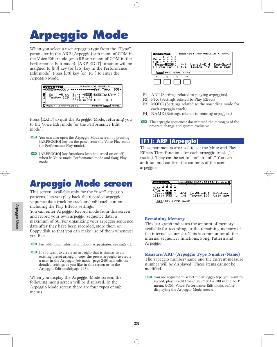 Arpeggio mode, Arpeggio mode screen | Yamaha EX5R User Manual | Page 238 / 304