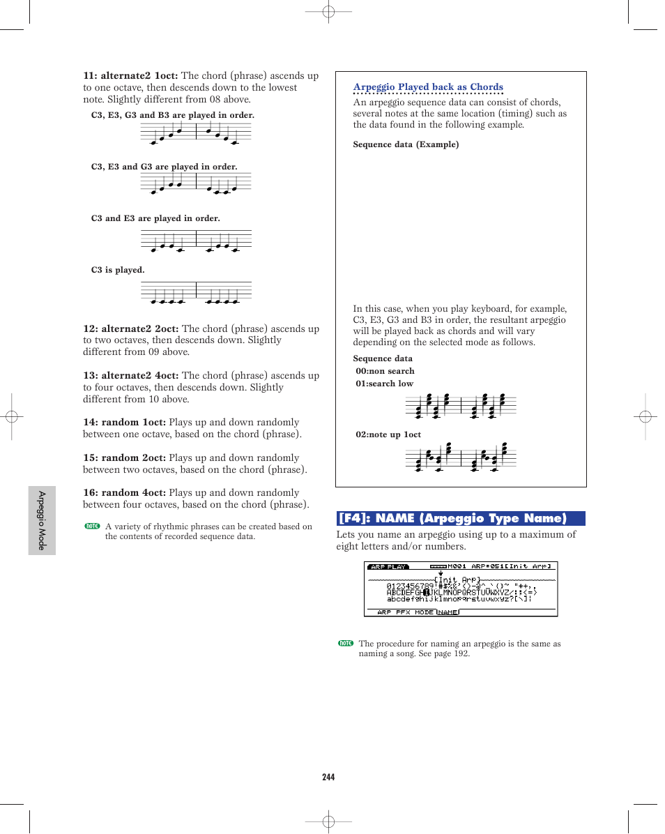 F4]: name (arpeggio type name) | Yamaha EX5R User Manual | Page 244 / 304