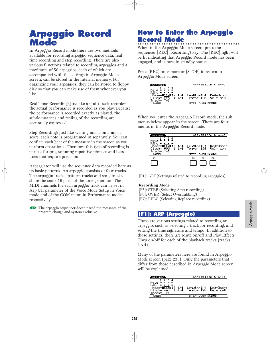 Arpeggio record mode, How to enter the arpeggio record mode | Yamaha EX5R User Manual | Page 245 / 304