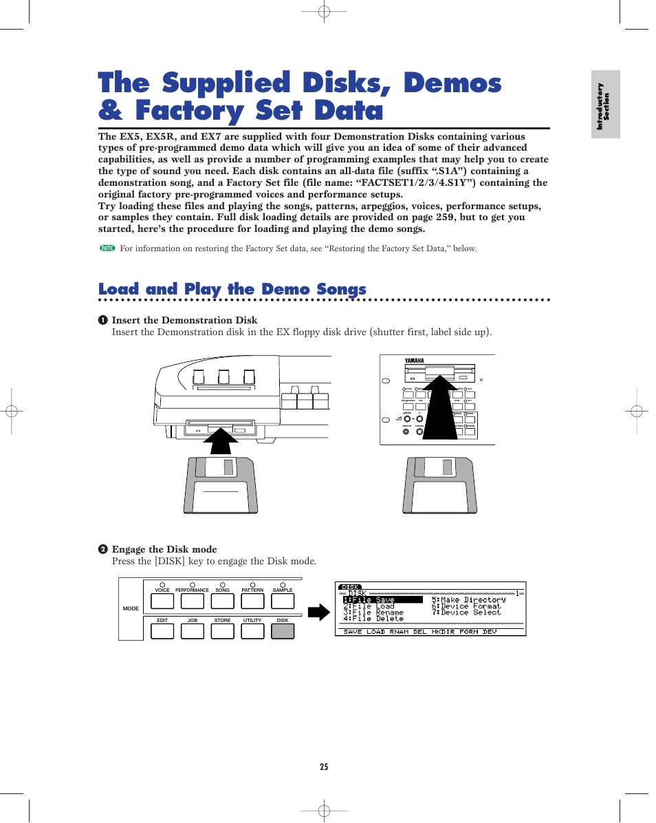 The supplied disks, demos & factory set data, The supplied disks, demos, & factory set data, Load and play the demo songs | Yamaha EX5R User Manual | Page 25 / 304