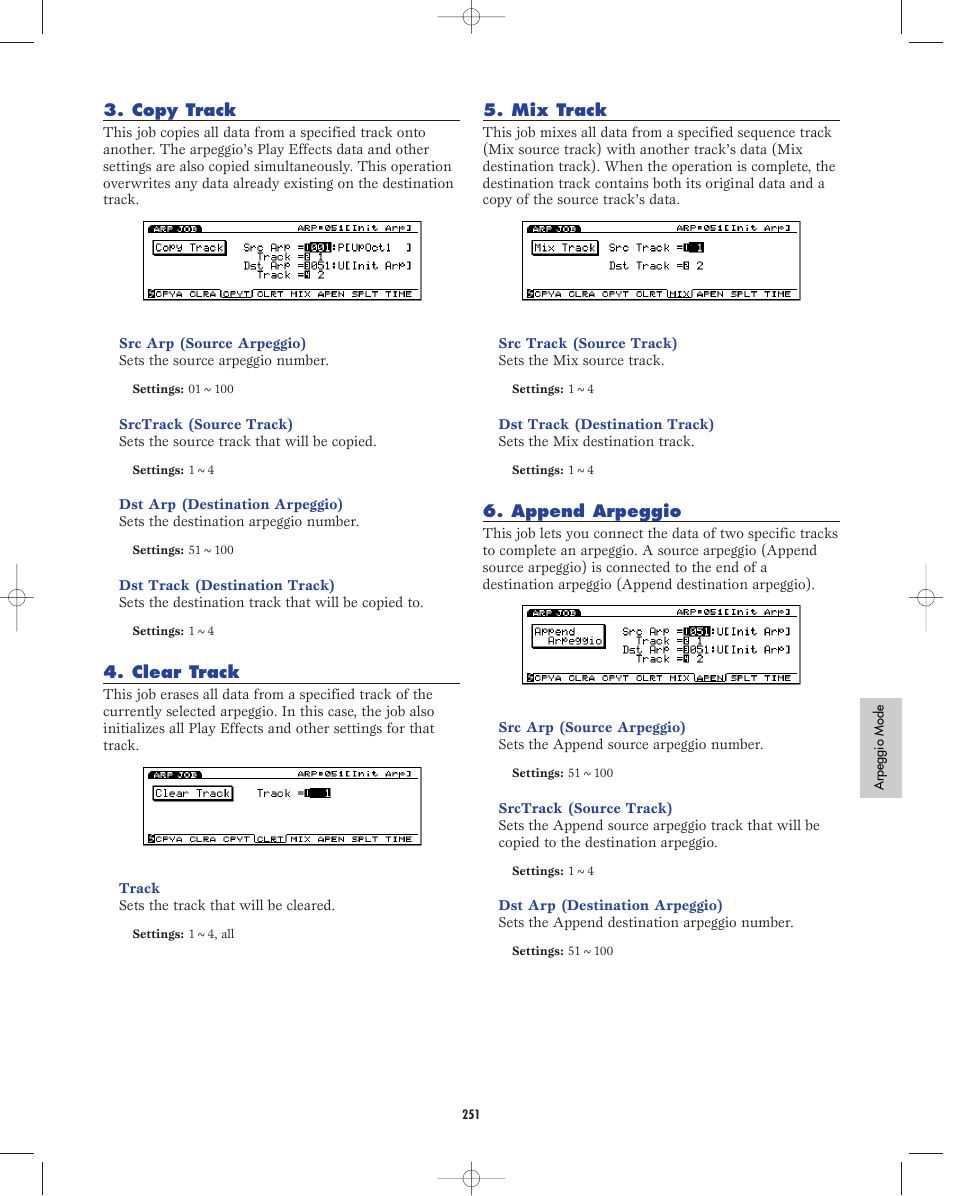 Copy track, Clear track, Mix track | Append arpeggio | Yamaha EX5R User Manual | Page 251 / 304