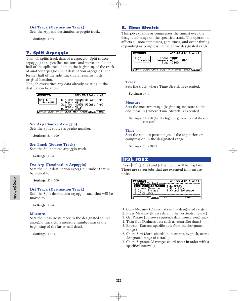 Split arpeggio, Time stretch, F3:job2 | Yamaha EX5R User Manual | Page 252 / 304