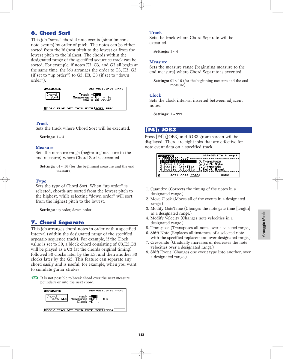 Chord sort, Chord separate, F4:job3 | Yamaha EX5R User Manual | Page 255 / 304