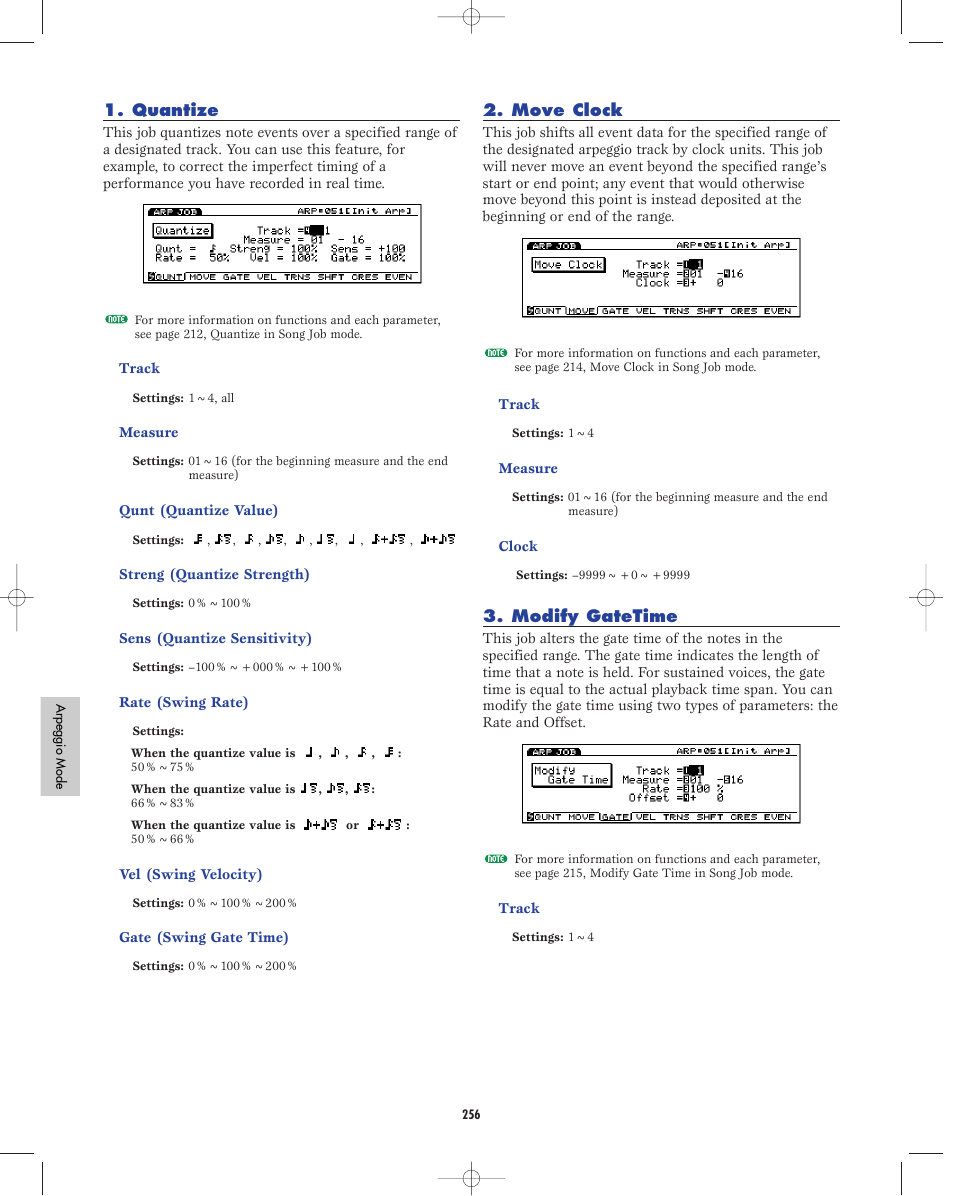 Quantize, Move clock, Modify gatetime | Yamaha EX5R User Manual | Page 256 / 304