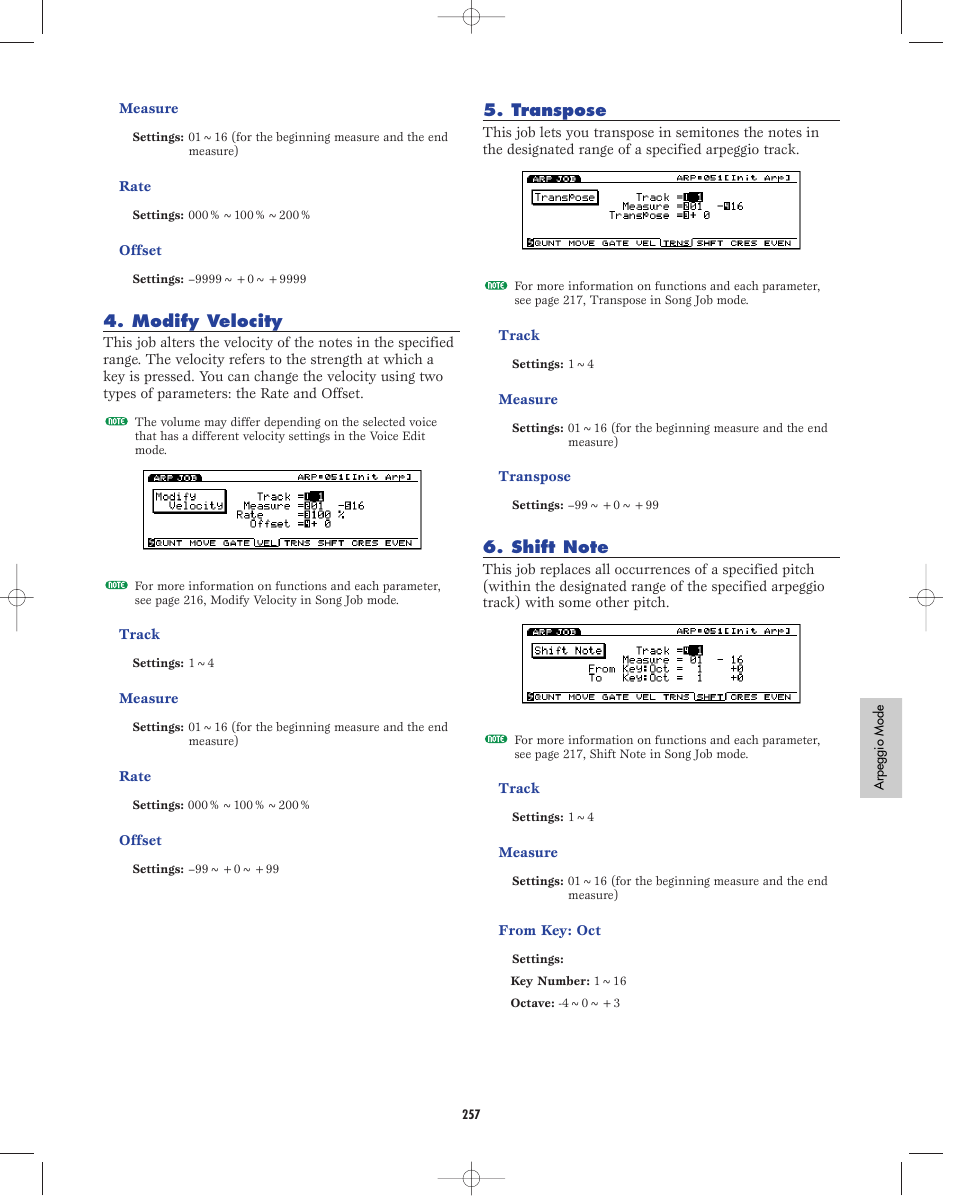 Modify velocity, Transpose, Shift note | Yamaha EX5R User Manual | Page 257 / 304