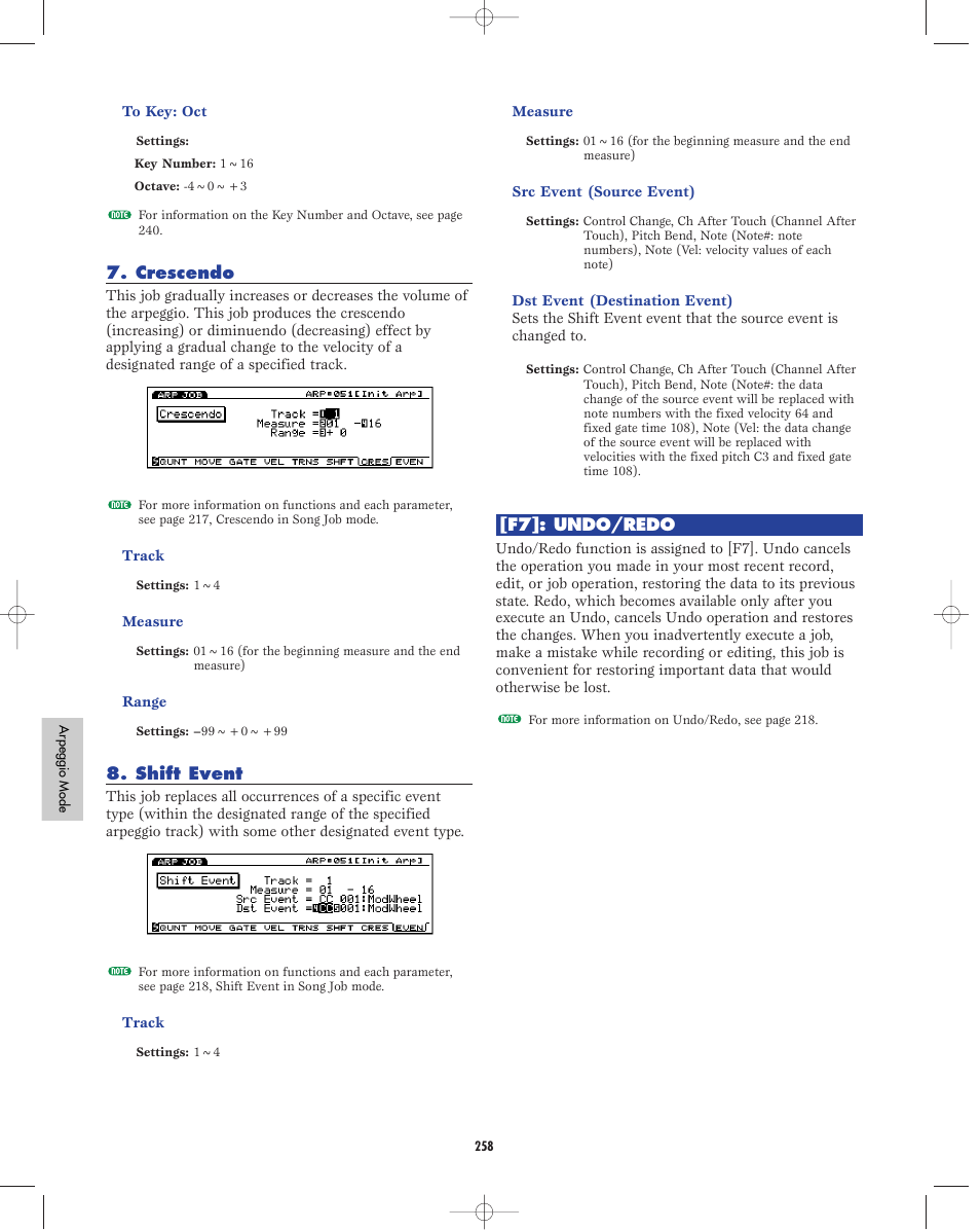 Crescendo, Shift event, F7:undo | Yamaha EX5R User Manual | Page 258 / 304