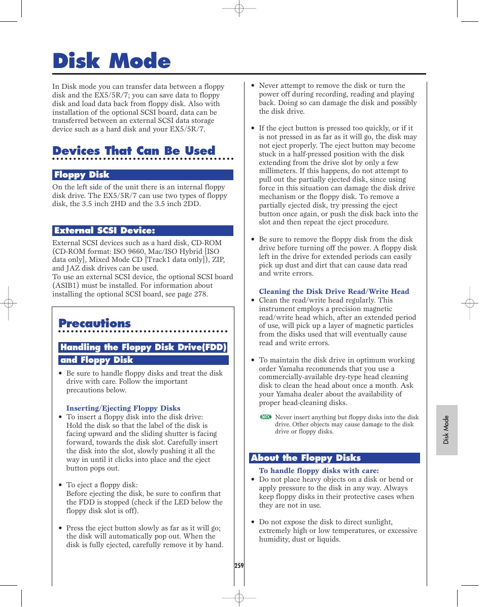 Disk mode, Devices that can be used, Precautions | Yamaha EX5R User Manual | Page 259 / 304