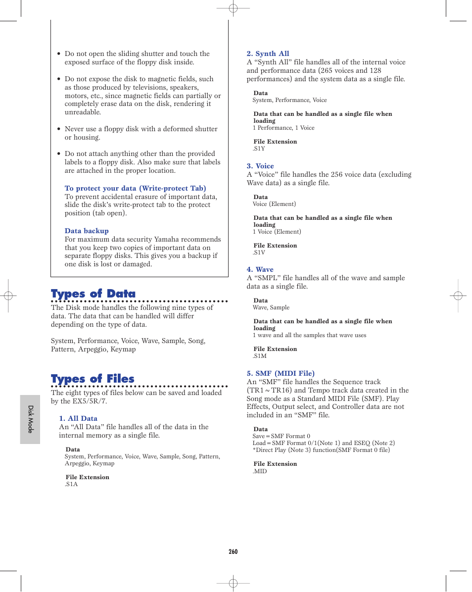 Types of data, Types of files | Yamaha EX5R User Manual | Page 260 / 304