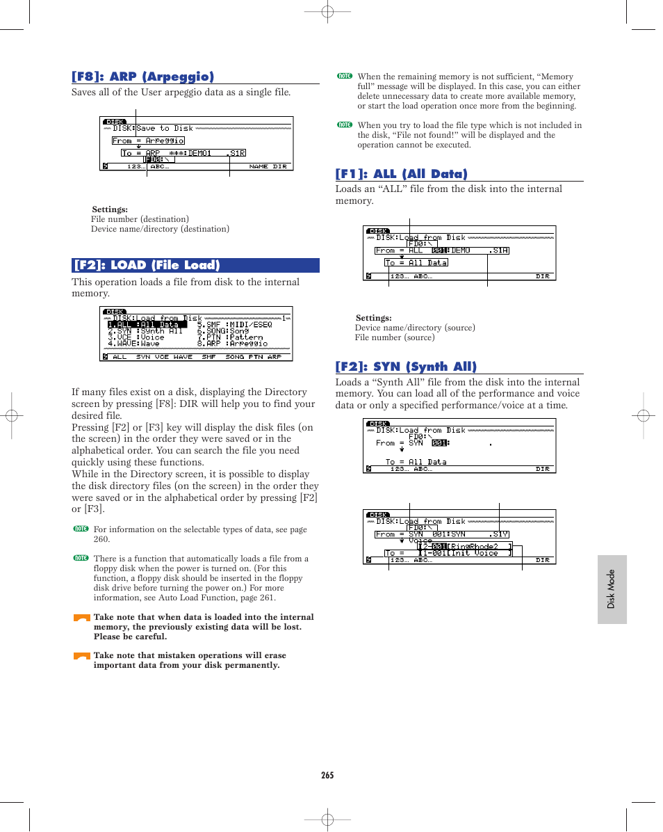 F8]: arp (arpeggio), F2]: load (file load), F1]: all (all data) | F2]: syn (synth all) | Yamaha EX5R User Manual | Page 265 / 304