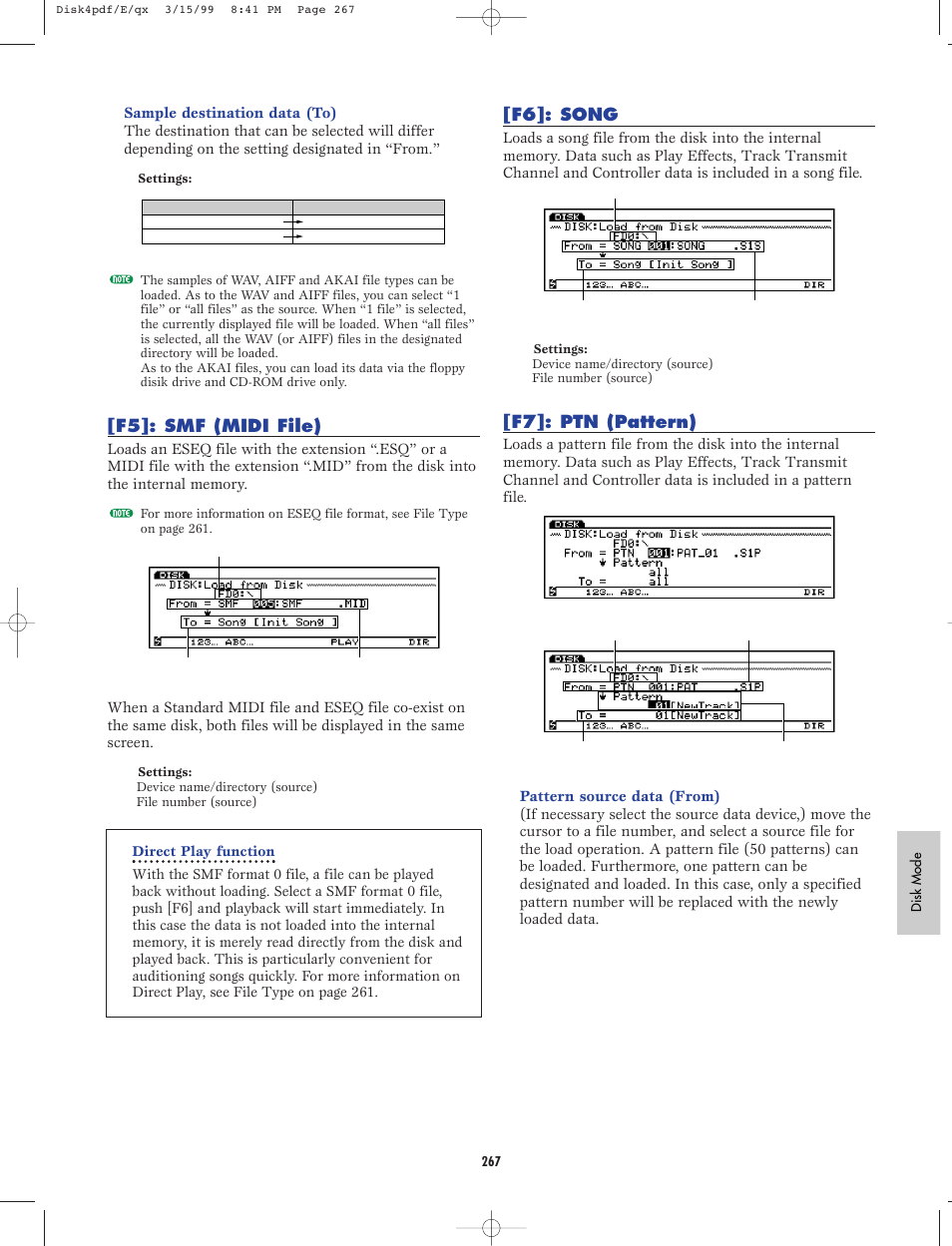 F5]: smf (midi file), F6]: song, F7]: ptn (pattern) | Yamaha EX5R User Manual | Page 267 / 304