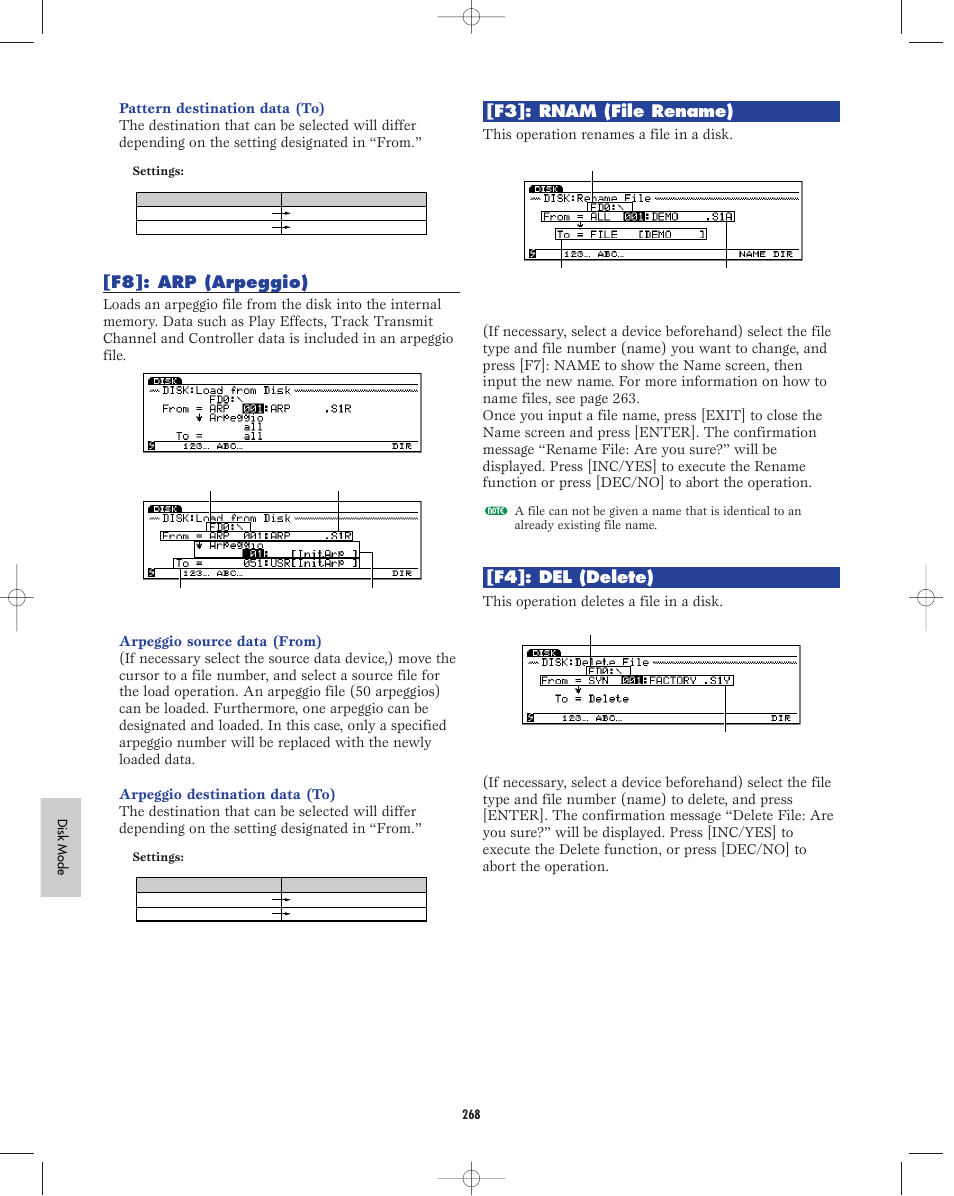 F8]: arp (arpeggio), F3]: rnam (file rename), F4]: del (delete) | Yamaha EX5R User Manual | Page 268 / 304