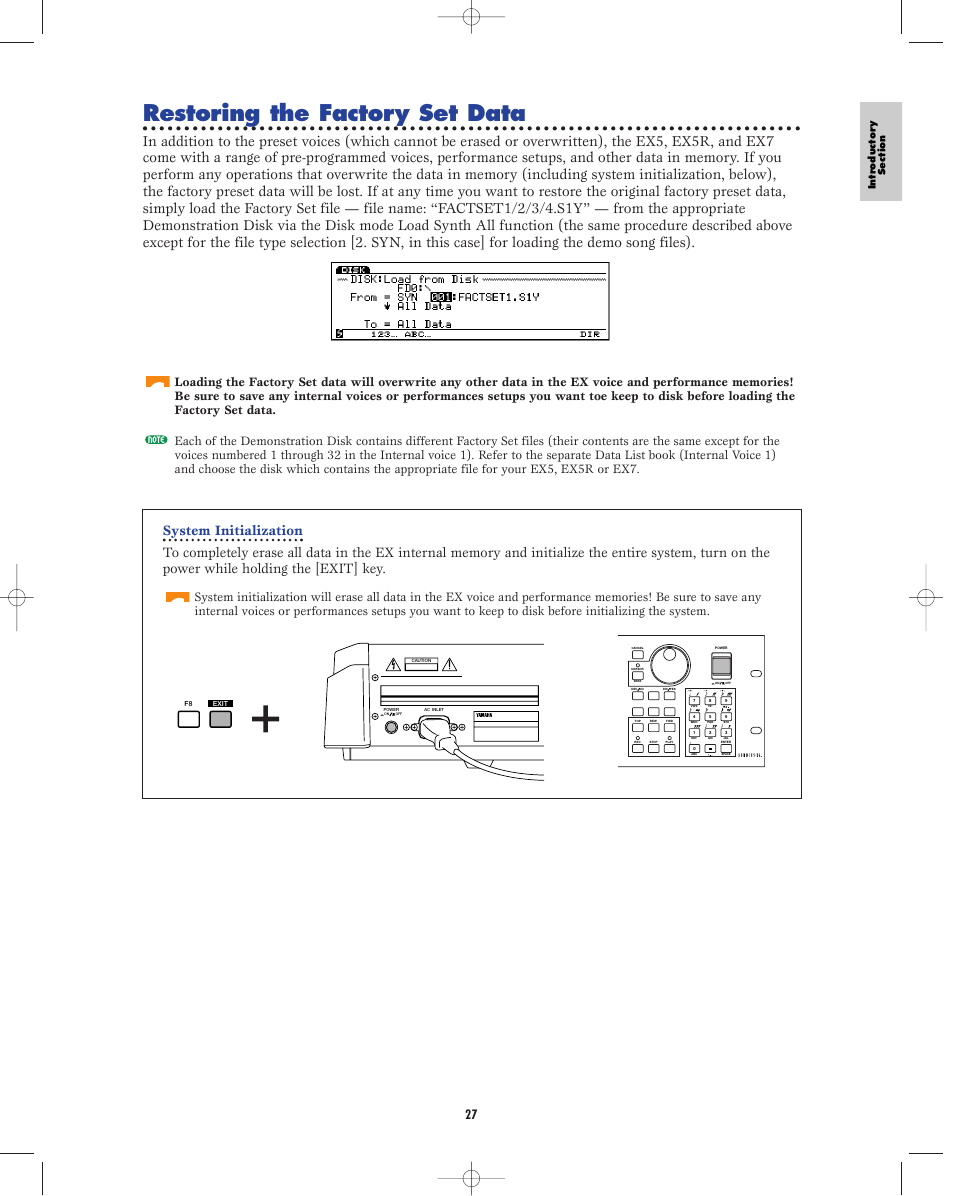 Restoring the factory set data, Ex5/7, Ex5r | Pressing | Yamaha EX5R User Manual | Page 27 / 304