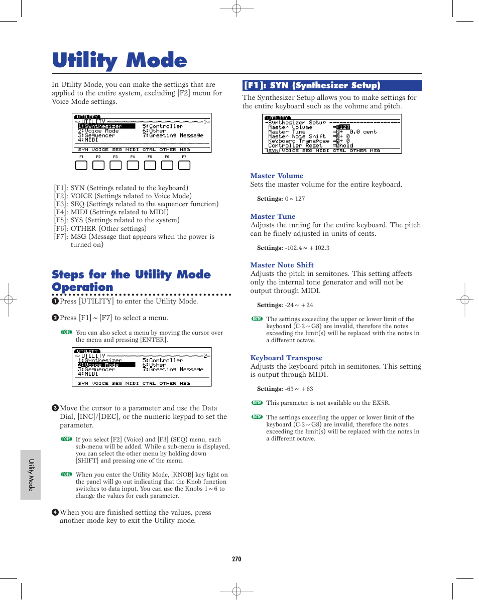 Utility mode, Steps for the utility mode operation | Yamaha EX5R User Manual | Page 270 / 304
