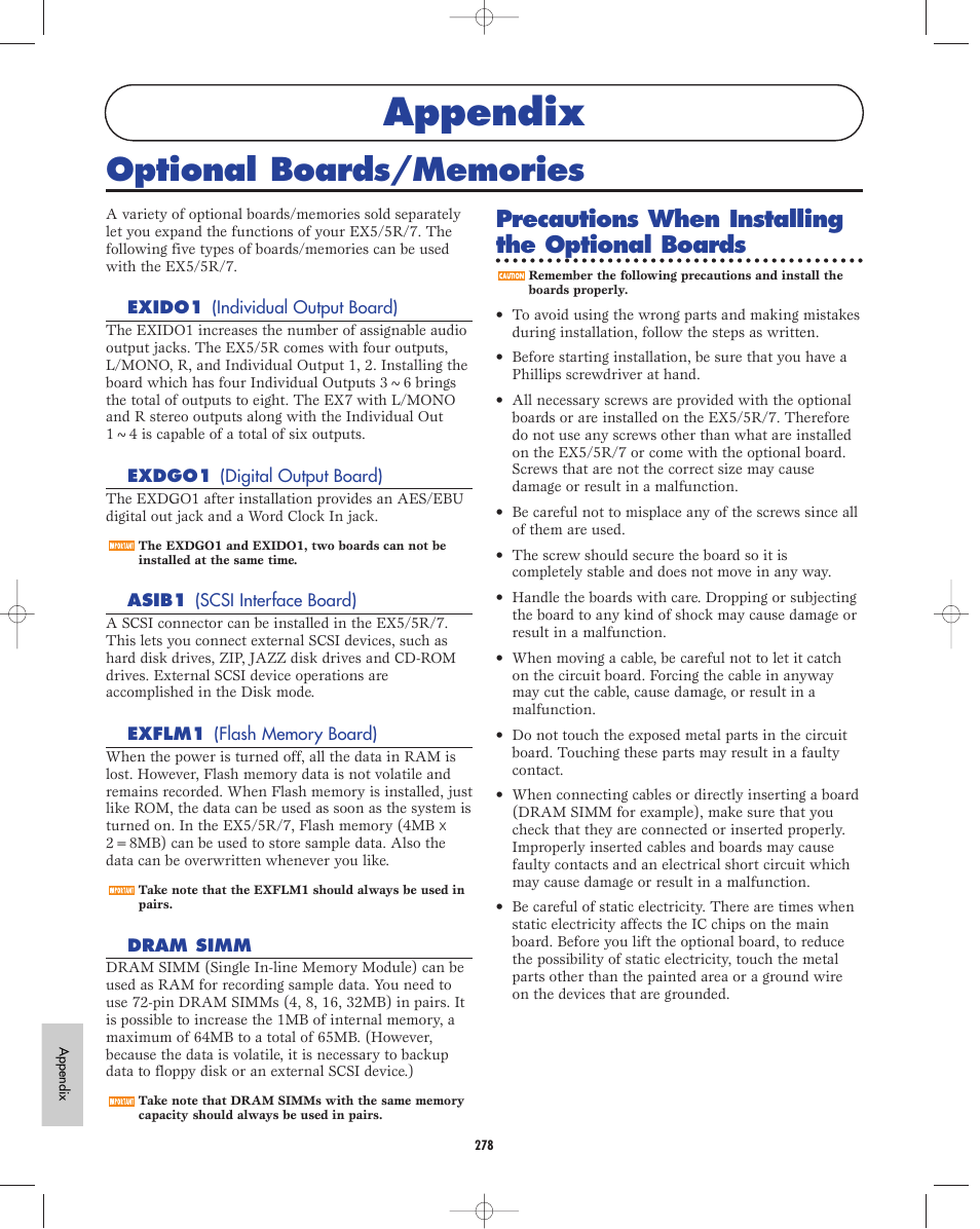 Appendix, Optional boards/memories, Precautions when installing the optional boards | Yamaha EX5R User Manual | Page 278 / 304
