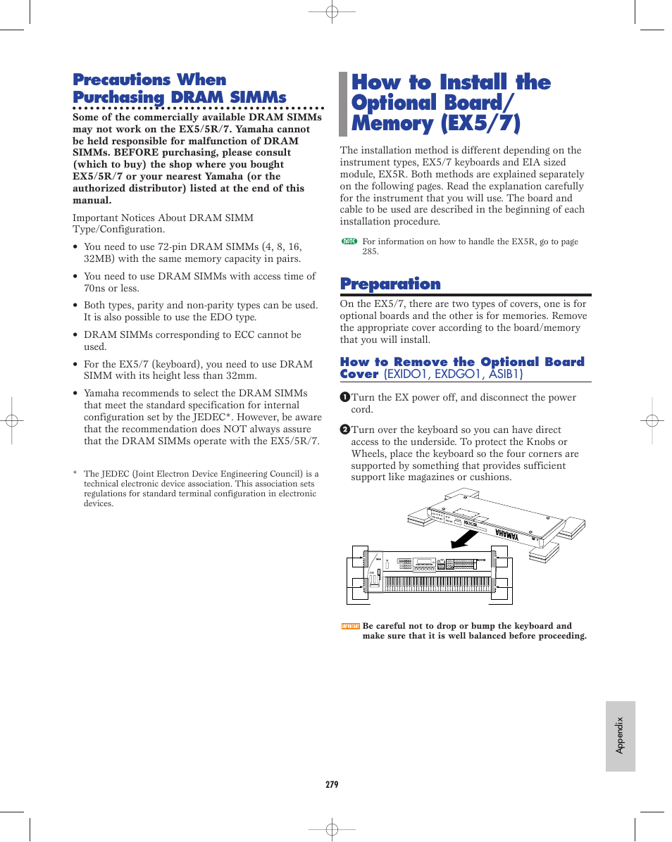 Precautions when purchasing dram simms, Preparation | Yamaha EX5R User Manual | Page 279 / 304