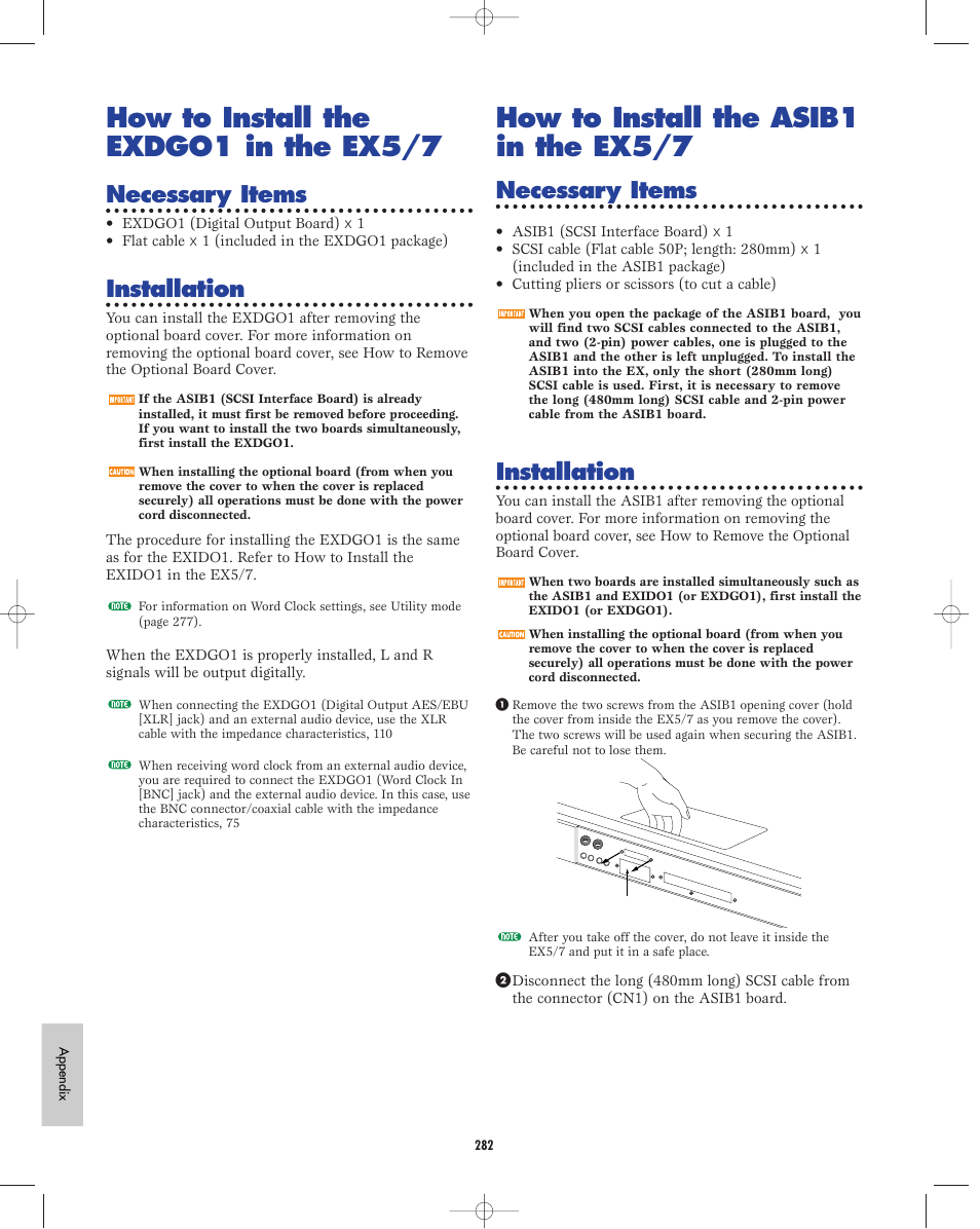 How to install the exdgo1 in the ex5/7, How to install the asib1 in the ex5/7, Necessary items | Installation | Yamaha EX5R User Manual | Page 282 / 304