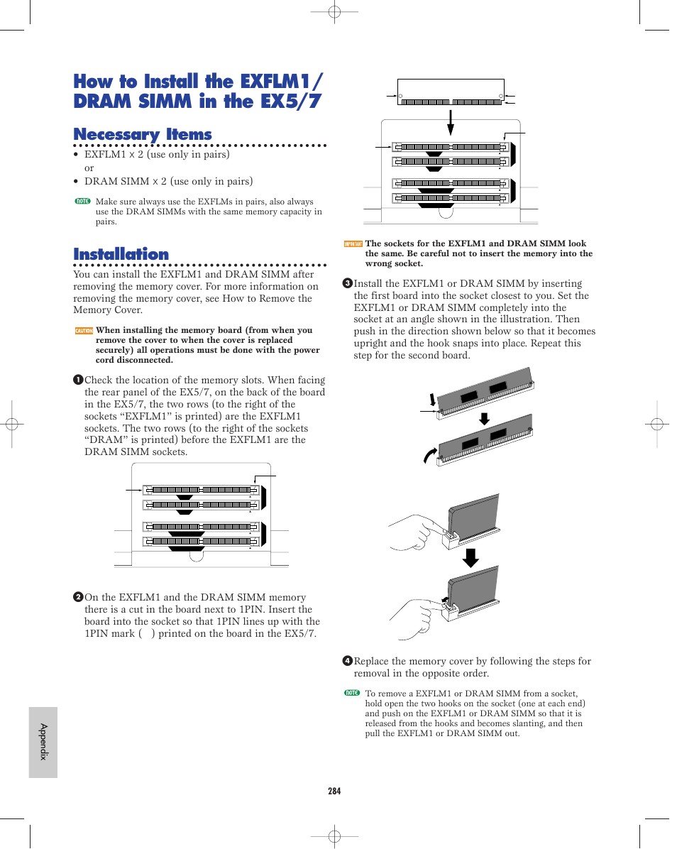 How to install the exflm1/ dram simm in the ex5/7, Necessary items, Installation | Yamaha EX5R User Manual | Page 284 / 304