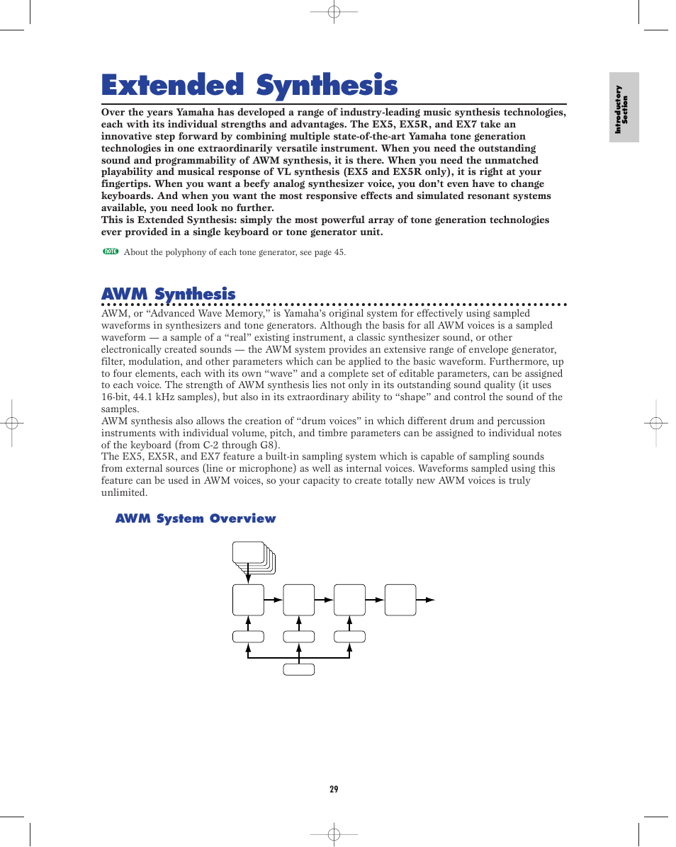 Extended synthesis, Awm synthesis, Awm system overview | Yamaha EX5R User Manual | Page 29 / 304