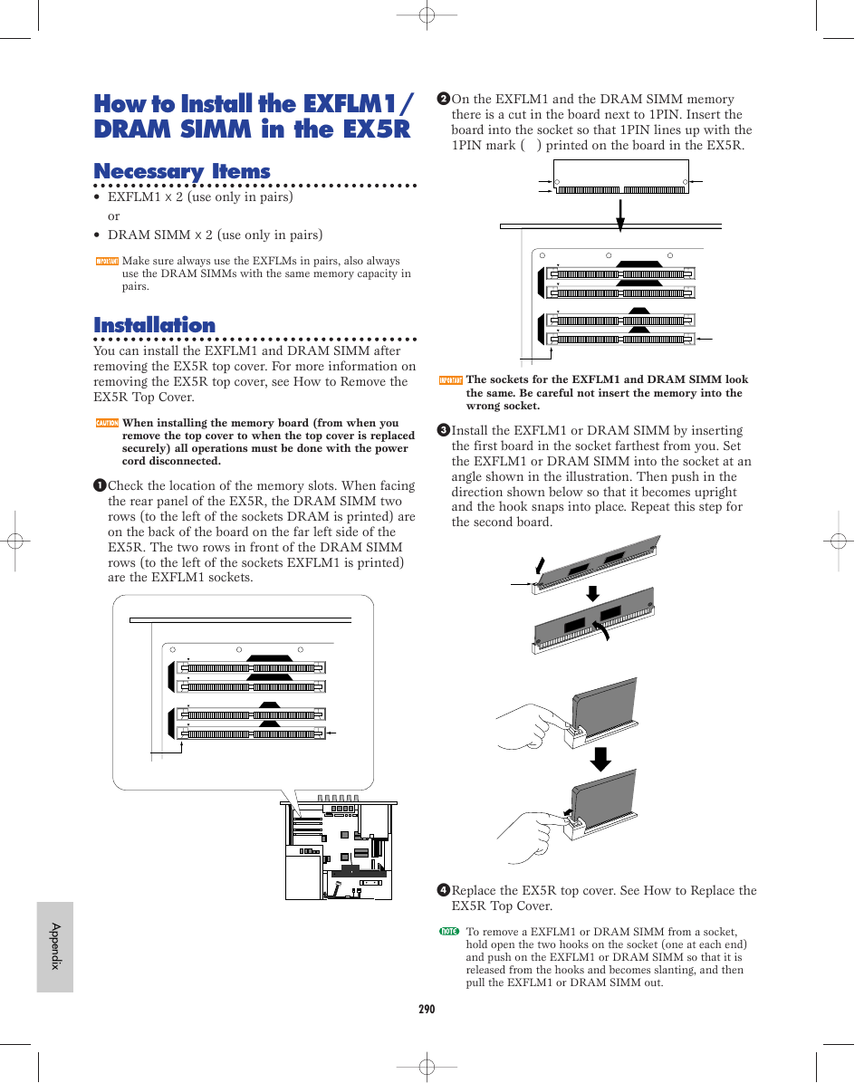 How to install the exflm1/ dram simm in the ex5r, Necessary items, Installation | Yamaha EX5R User Manual | Page 290 / 304
