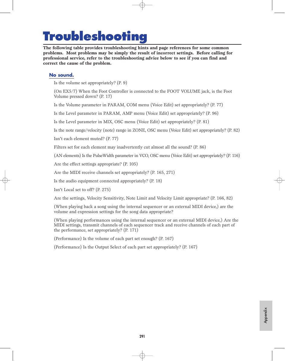 Troubleshooting | Yamaha EX5R User Manual | Page 291 / 304