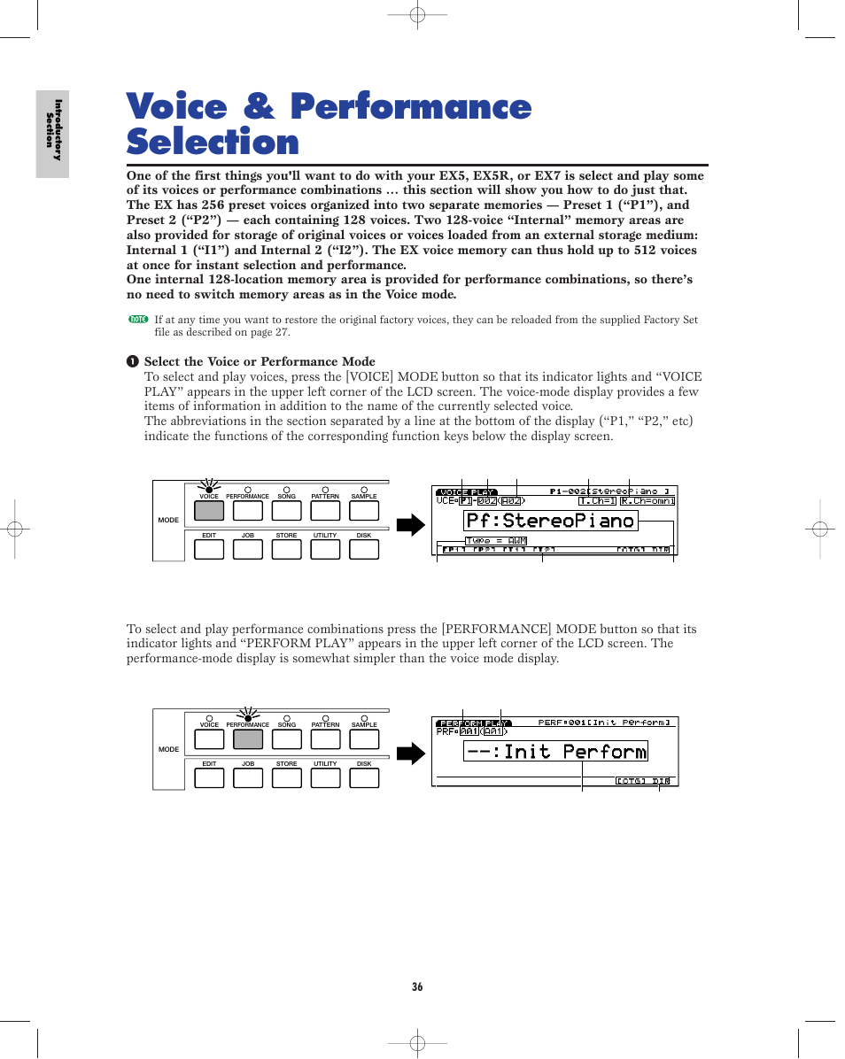 Voice & performance selection selection, Voice and performance selection, Voice & performance selection | Yamaha EX5R User Manual | Page 36 / 304