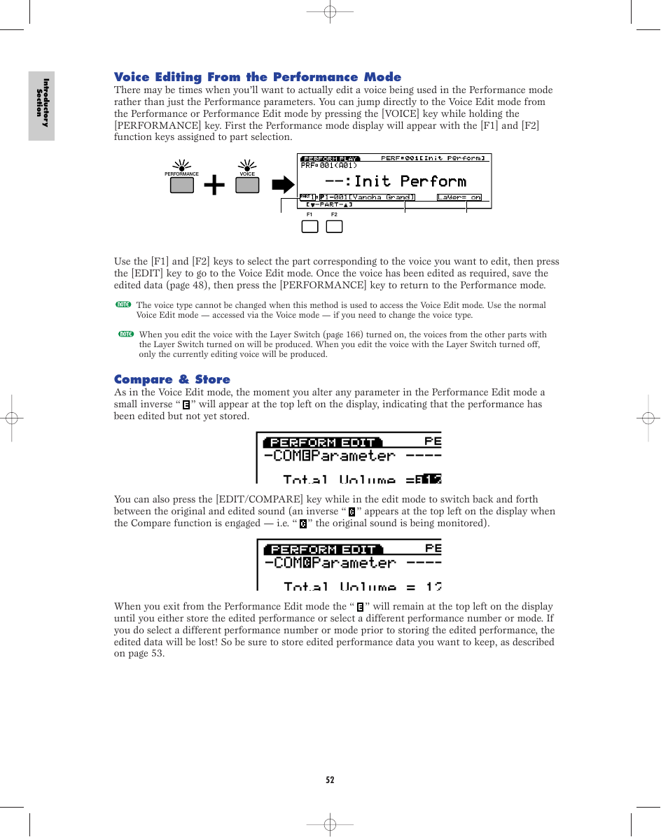 Voice editing from the performance mode, Compare & store | Yamaha EX5R User Manual | Page 52 / 304