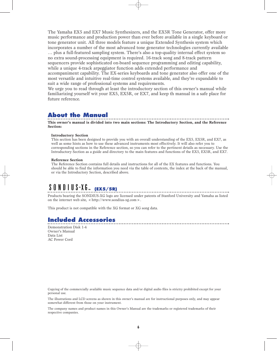 About the manual, Included accessories | Yamaha EX5R User Manual | Page 6 / 304