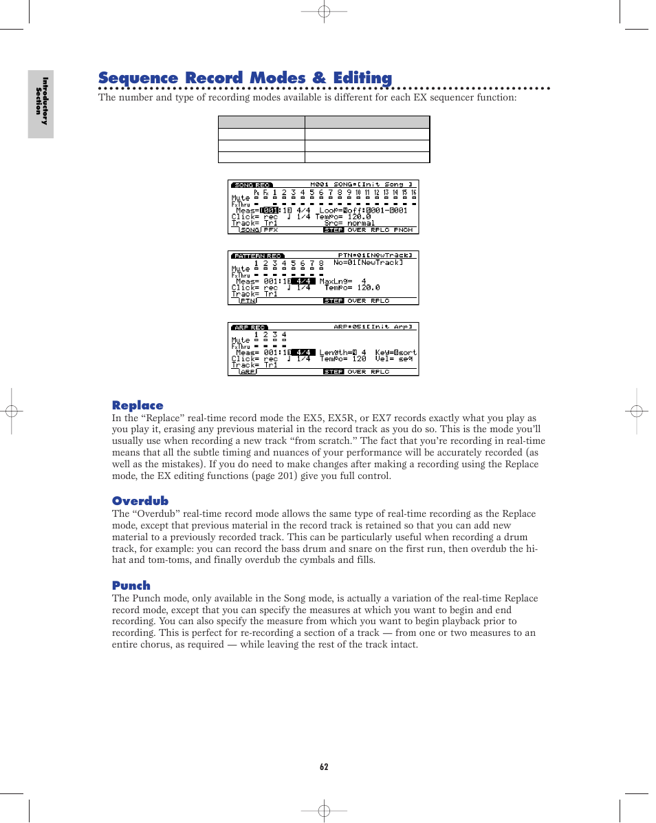 Sequence record modes & editing, Sequencer record modes & editing, Replace | Overdub, Punch | Yamaha EX5R User Manual | Page 62 / 304