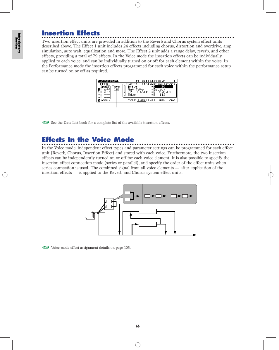 Insertion effects, Effects in the voice mode | Yamaha EX5R User Manual | Page 66 / 304