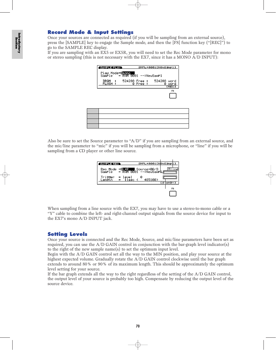 Record mode & input settings, Setting levels | Yamaha EX5R User Manual | Page 70 / 304