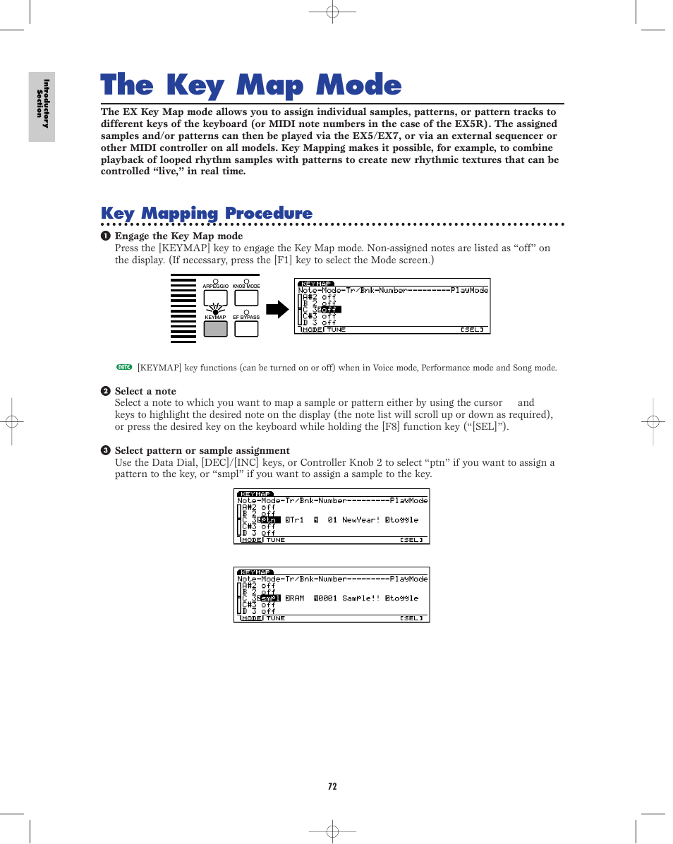 The key map mode, Key mapping procedure | Yamaha EX5R User Manual | Page 72 / 304