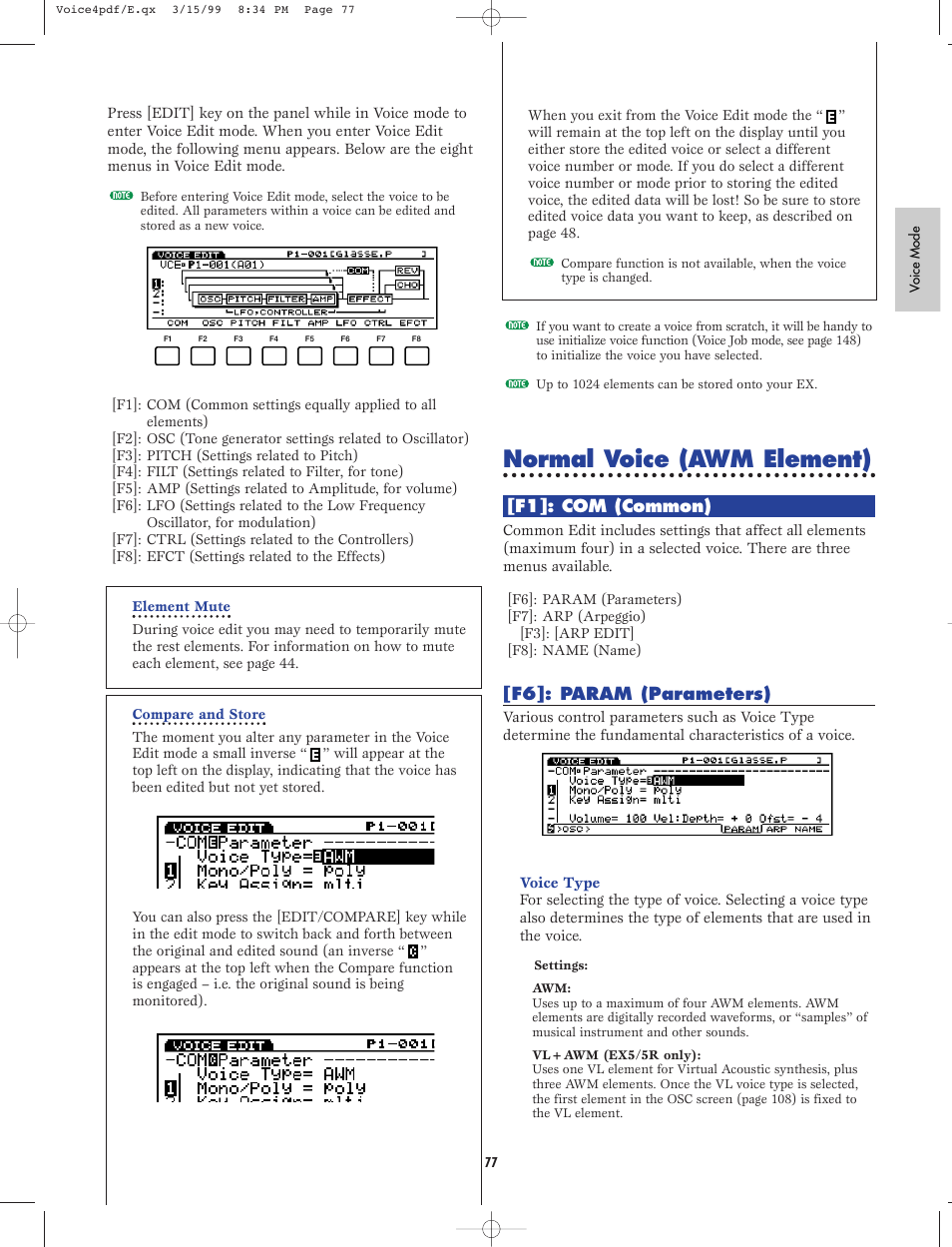 Normal+[edit] awm element, F1:common, F6:parameter | Normal voice (awm element) | Yamaha EX5R User Manual | Page 77 / 304