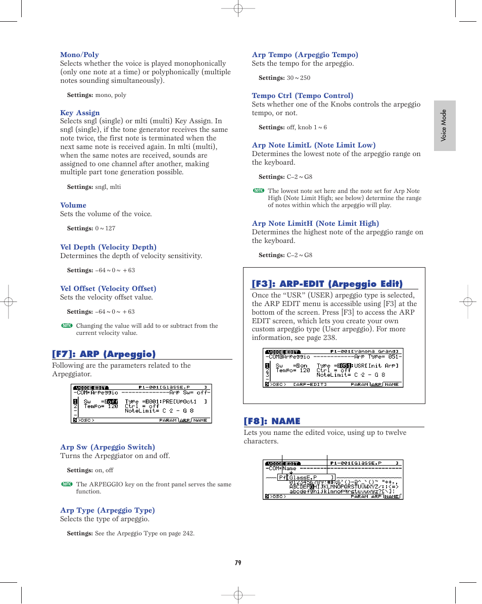 F7:arpeggio, F3:arpeggio-edit, F8:name | Yamaha EX5R User Manual | Page 79 / 304