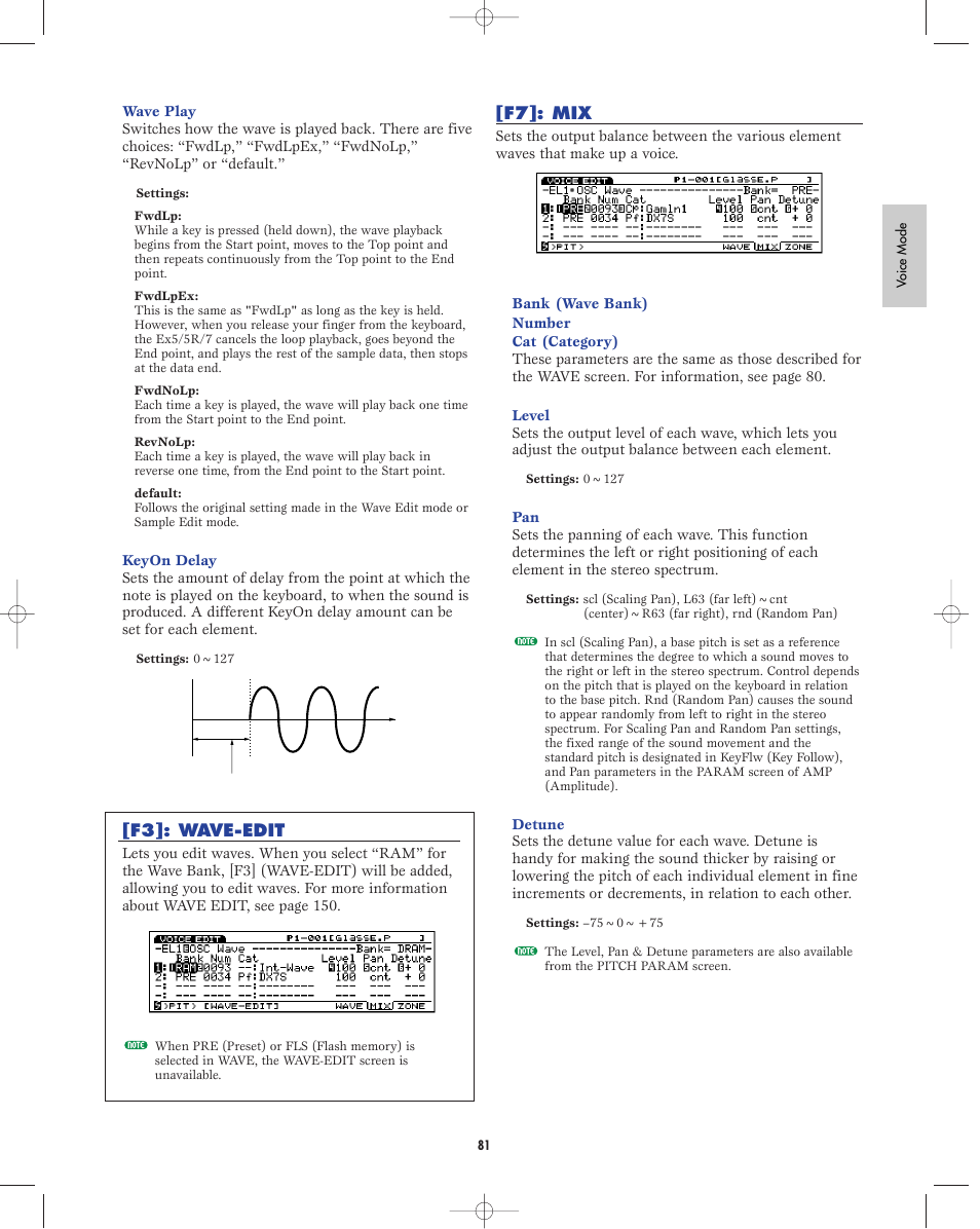 F3:wave-edit, F7:mix, F3]: wave-edit | F7]: mix | Yamaha EX5R User Manual | Page 81 / 304