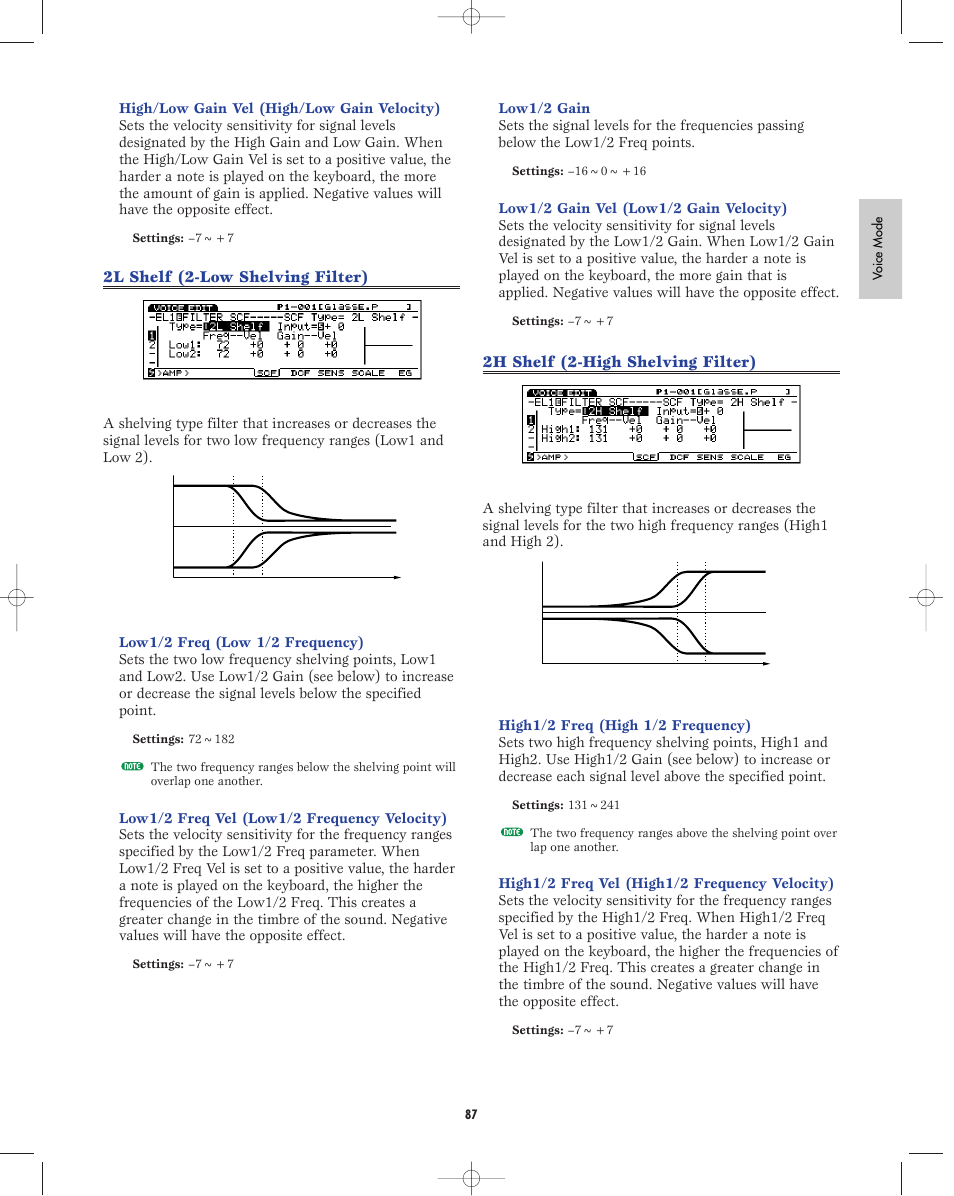 2l shelf (2-low shelving filter), 2h shelf (2-high shelving filter) | Yamaha EX5R User Manual | Page 87 / 304