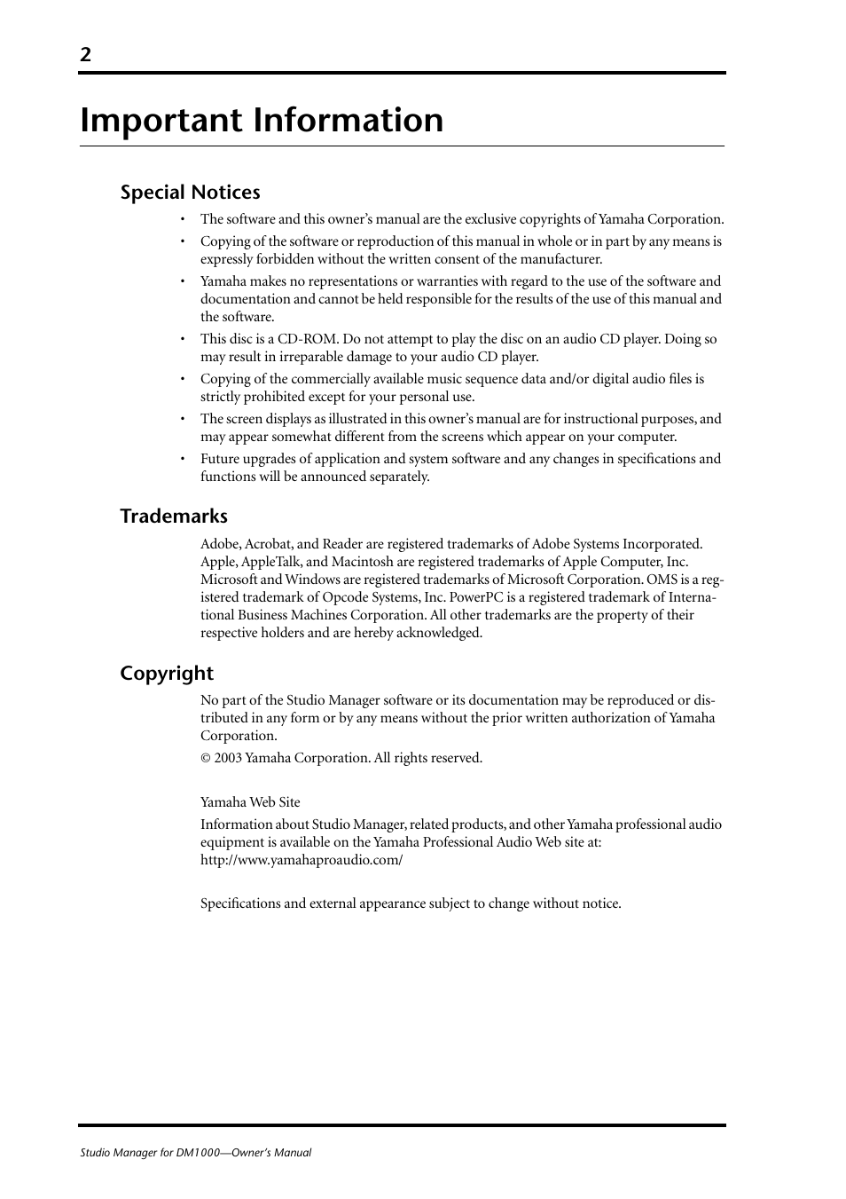 Important information, Special notices, Trademarks | Copyright | Yamaha DM 1000 User Manual | Page 2 / 34