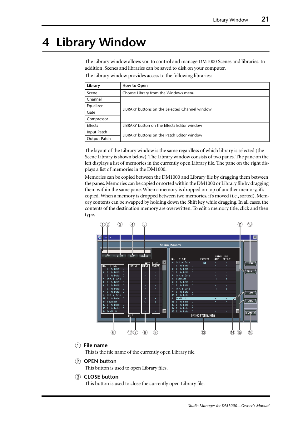 4 library window, Library window | Yamaha DM 1000 User Manual | Page 21 / 34