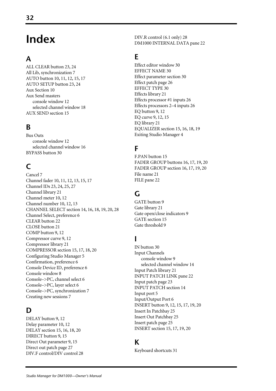 Index | Yamaha DM 1000 User Manual | Page 32 / 34