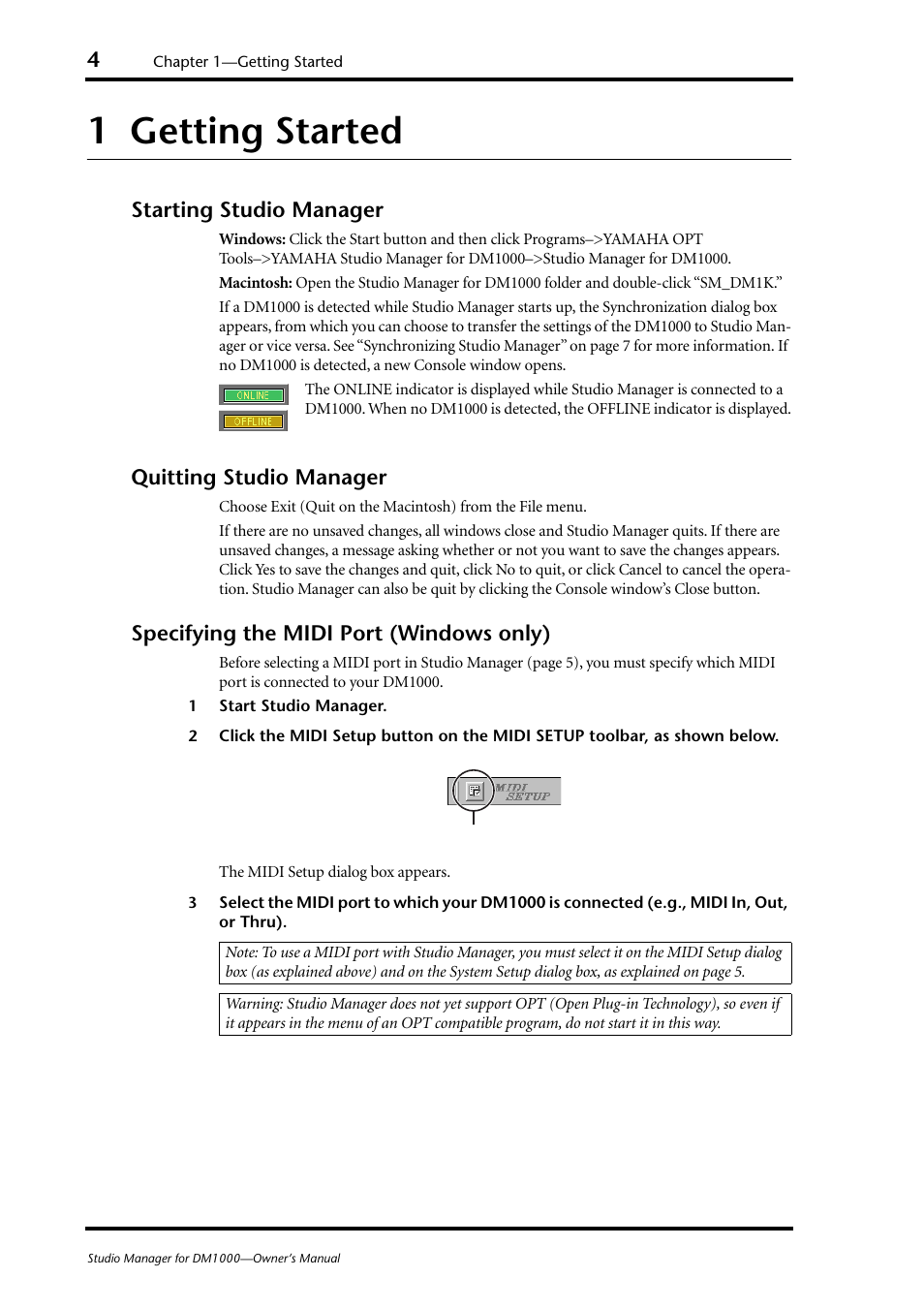 1 getting started, Starting studio manager, Quitting studio manager | Specifying the midi port (windows only), Getting started | Yamaha DM 1000 User Manual | Page 4 / 34