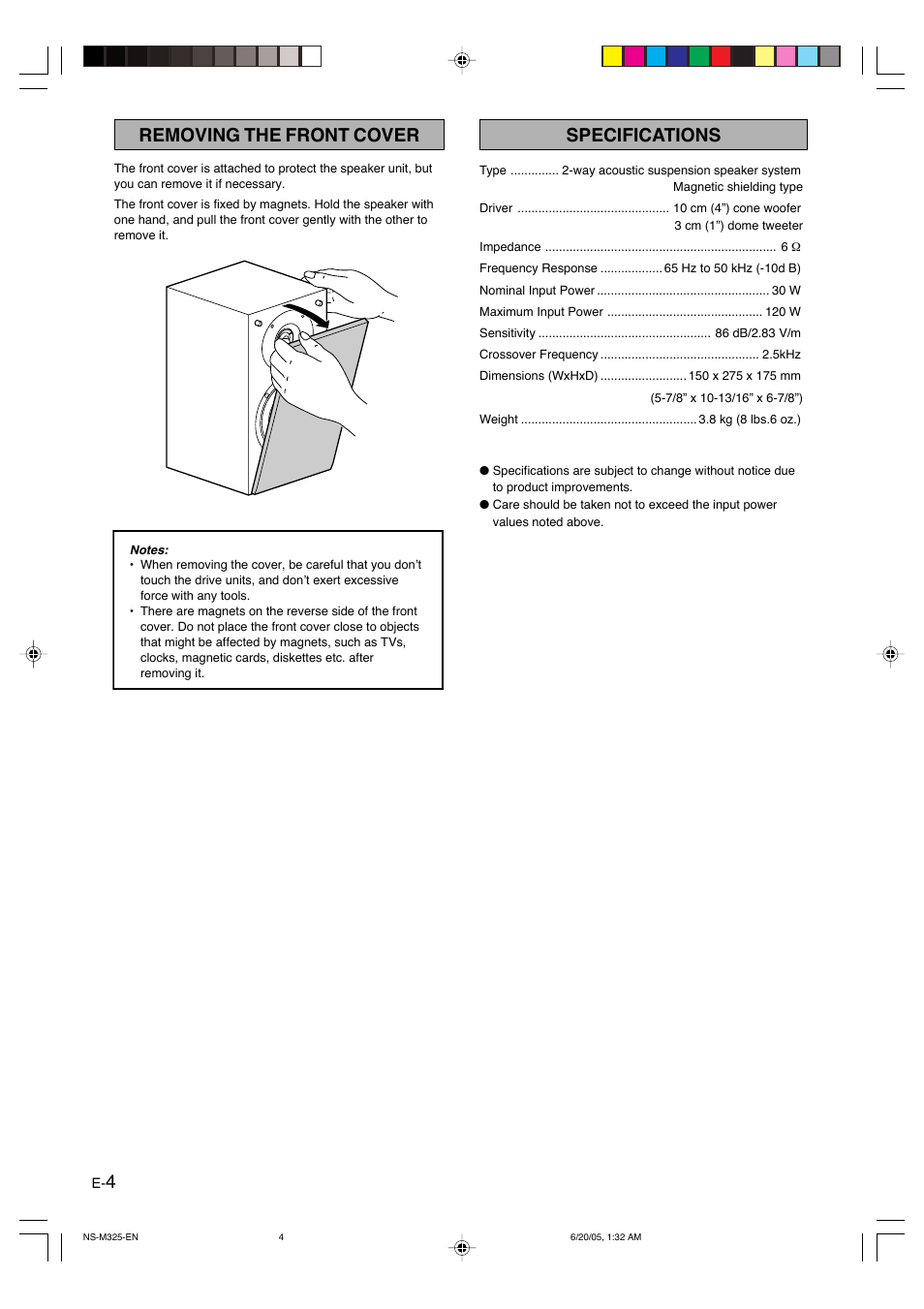 4specifications, Removing the front cover | Yamaha NS M325 User Manual | Page 4 / 4