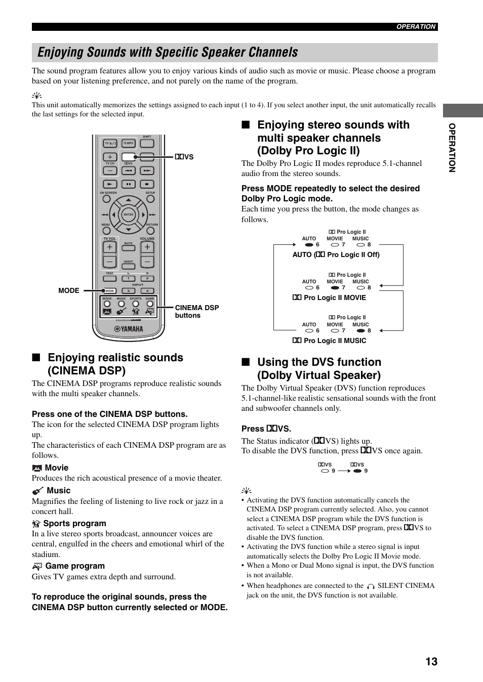 Enjoying sounds with specific speaker channels, Enjoying realistic sounds (cinema dsp), Using the dvs function (dolby virtual speaker) | Enjoying sounds with specific speaker, Channels, Channels (dolby pro logic ii), Using the dvs function, Dolby virtual speaker) | Yamaha AVX-S30 User Manual | Page 15 / 24