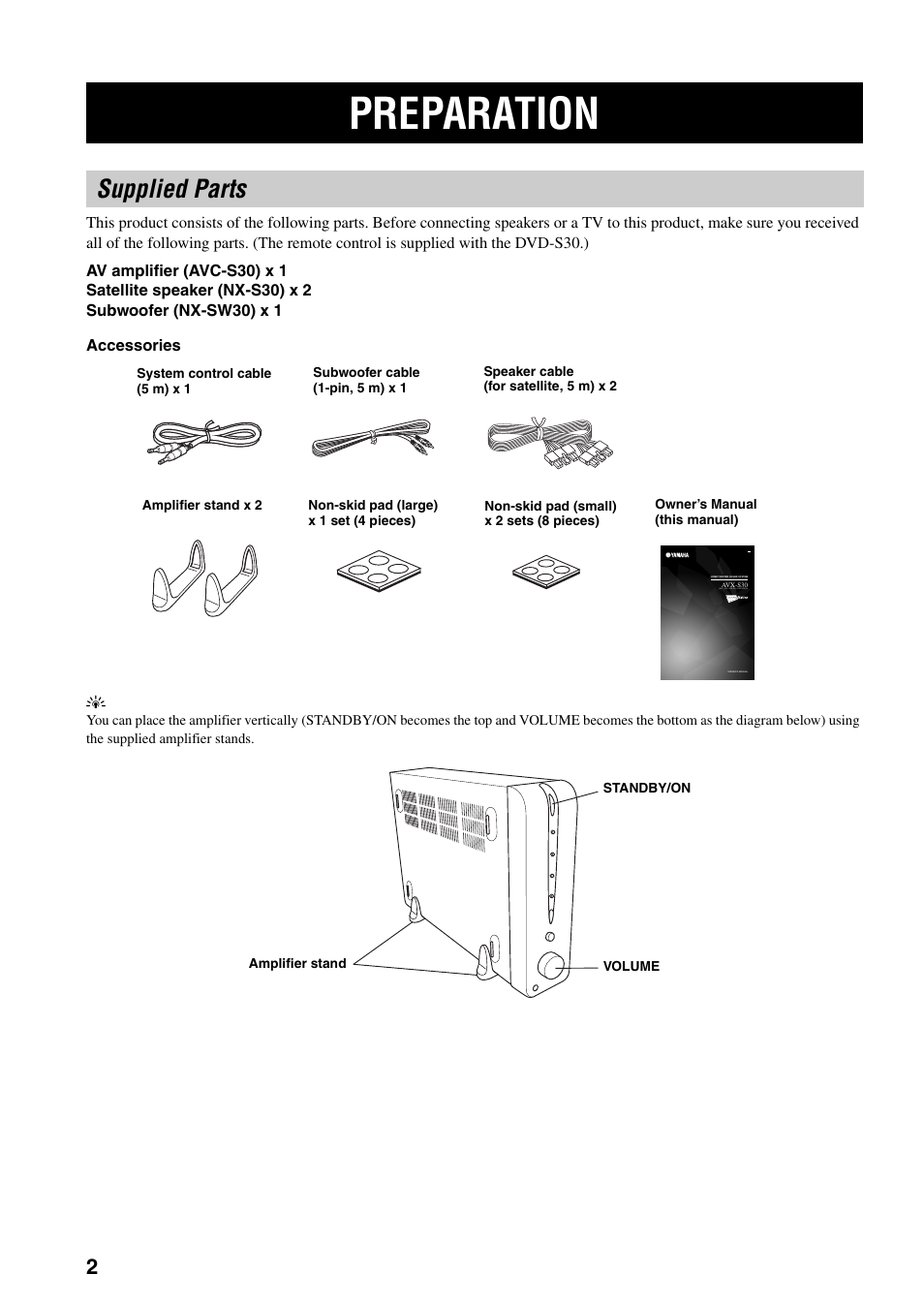 Supplied parts, Preparation | Yamaha AVX-S30 User Manual | Page 4 / 24