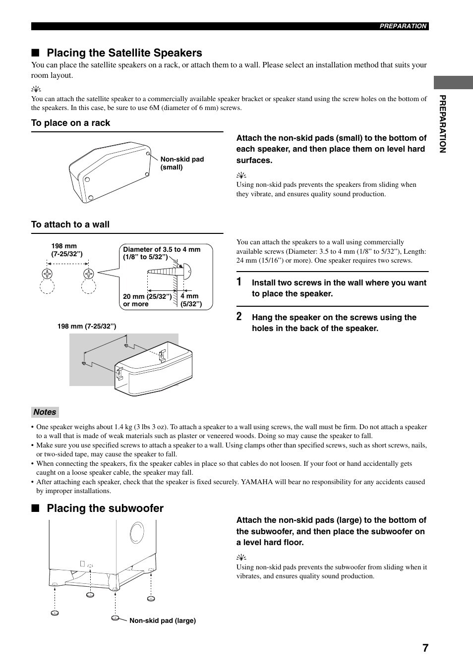 Placing the satellite speakers, Placing the subwoofer | Yamaha AVX-S30 User Manual | Page 9 / 24